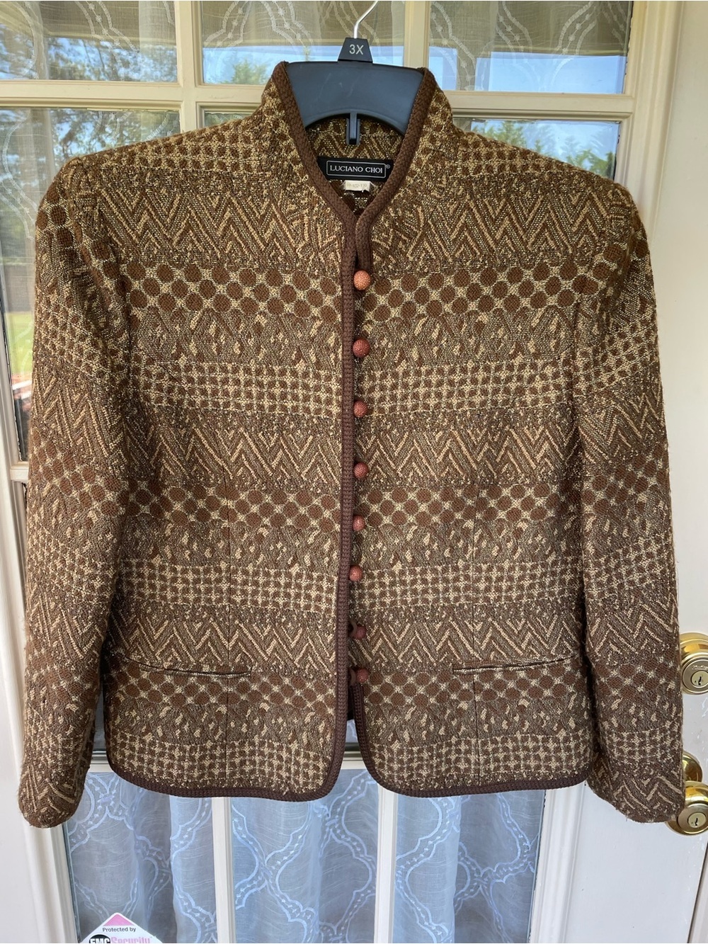 Luciano Choi Textured Metallic Knit Jacket Brown Bronze Mandarin Collar ~Sz 12
